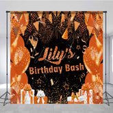 Aperturee - Aperturee Personalized Orange and Gold Birthday Bash Backdrop Glitter Balloons and Fireworks Custom Name Party Decor